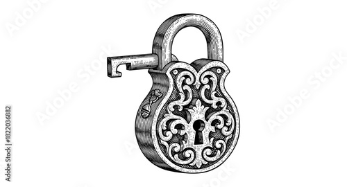 Intricate vintage padlock with matching key design in detailed style