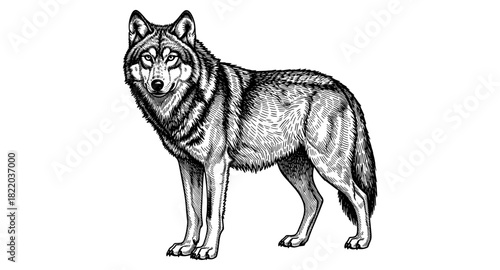Intricate black and white wolf illustration in detailed pen style
