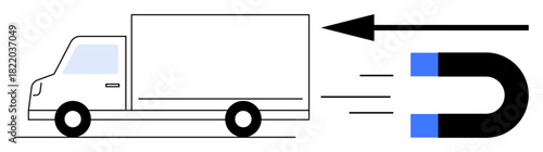 Magnetism concept. ation of magnetism acting on a truck to illustrate force, motion, and physical attraction. Magnetism explores physics education, engineering, transportation, logistics, energy