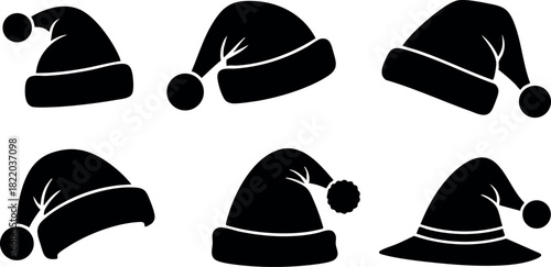 Santa hats collection black silhouette different styles winter holiday accessory vector illustration