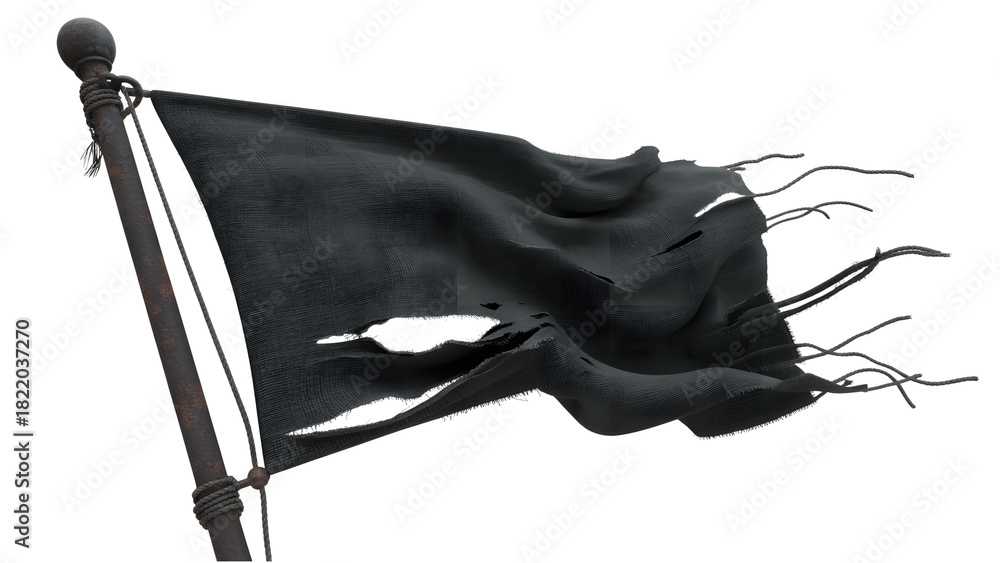 Naklejka premium Tattered black flag on a pole, isolated on transparent background
