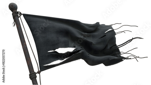 Tattered black flag on a pole, isolated on transparent background
