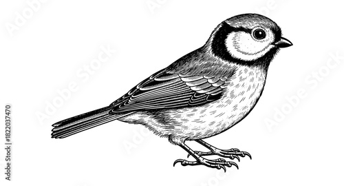 Detailed black and white songbird drawing in vintage art style