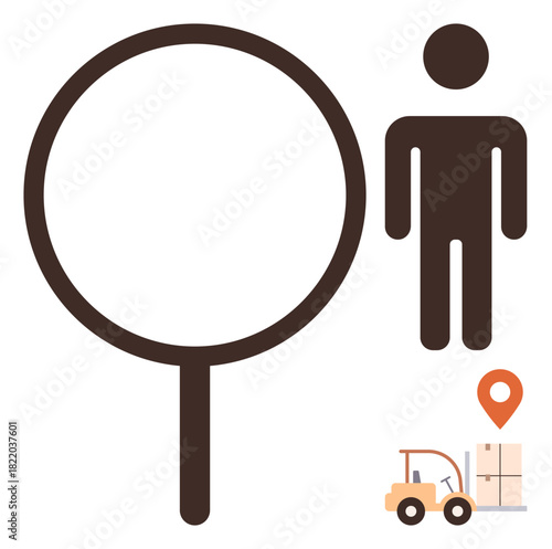 Magnifying glass symbolizing search, standing figure for personnel, forklift moving goods and location pin. Ideal for logistics, inventory, delivery, warehouse, business operations, supply chain