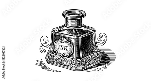 Vintage ink bottle with ornate design in detailed etching style