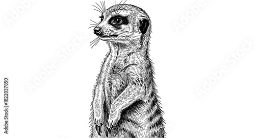 Detailed black and white meerkat engraving: intricate wildlife art