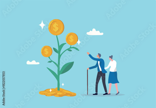 Retirement pension fund, investment profit or earning for retiree, 401k or savings and senior financial planning, wealth management concept, elderly couple, grandpa look at money growth plant profit.