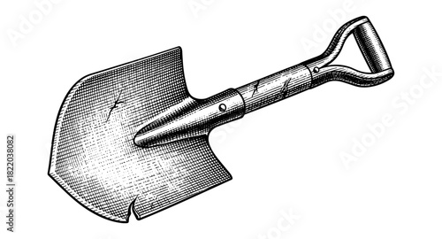 Detailed engraving of a vintage shovel with wooden handle on white background