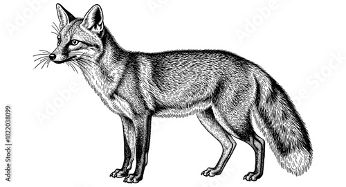 Detailed hand-drawn engraving of a standing fox with textured fur in black and white