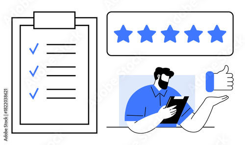Checklist with checkmarks, five-star rating, and individual holding tablet analyzing data. Ideal for feedback, quality assurance, rating system, reviews, evaluation, team efficiency customer