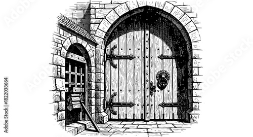 Medieval castle gate with stone wall and arch in detailed black and white ink drawing