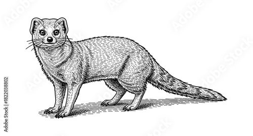Detailed hand-drawn style mongoose illustration on white background