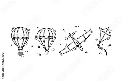 Hand-drawn sketches of hot air balloons, parachutes, glider, and kite against white background