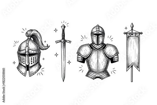 Medieval armor and weapons: knight helmet, sword, chestplate, and banner illustrations