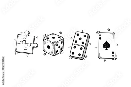 Hand-drawn puzzle piece, dice, domino, and ace of spades card icons