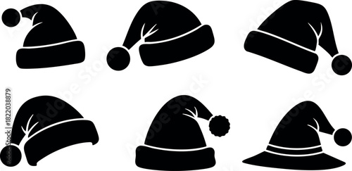 Santa hats collection black silhouette different styles winter holiday accessory vector illustration