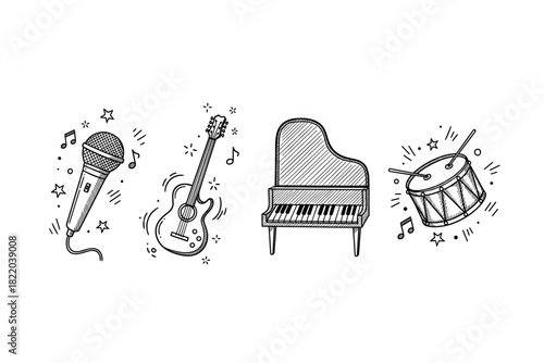 Hand-drawn musical instruments featuring microphone, guitar, piano, and drum