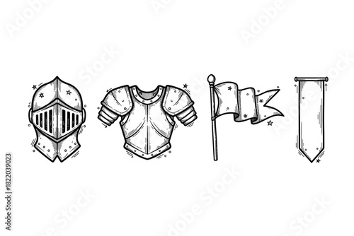 Medieval armor and heraldry illustrations with helmet, breastplate, flag, banner