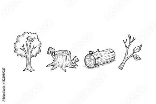 Hand-drawn tree elements with bird, stump, log, and branch illustrations