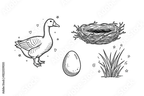 Hand-drawn goose, nest, egg, and grass: vintage farm elements