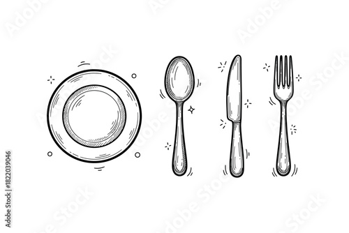 Hand-drawn plate, spoon, knife, and fork illustration on white background