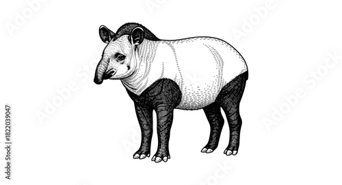 Detailed black and white drawing of a tapir in side profile view