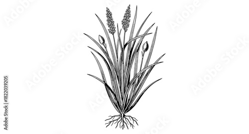 Detailed black and white botanical drawing of wild rice plant with roots and seed heads