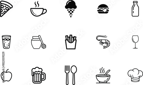 Food and Drink Icon Set Pizza, Coffee, Ice Cream, Burger, Shrimp and More