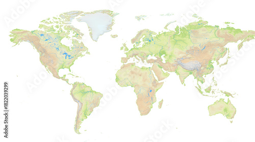 Map of World Miller 2 showing the isolated landmasses with relief representation, rivers, lakes. No boundaries. No labels at all.