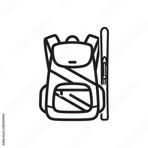 Ski backpack with poles black and white vector icon for winter sports equipment