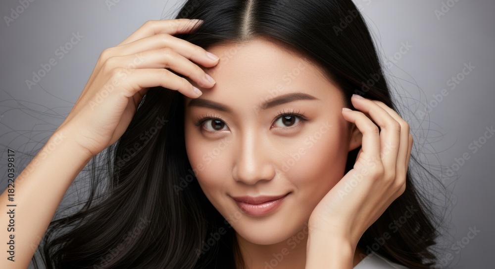 Fototapeta premium Elegant portrait of a young woman with flawless skin and flowing dark hair showcasing natural