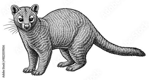 Detailed line art of ringtail cat in black and white on white background