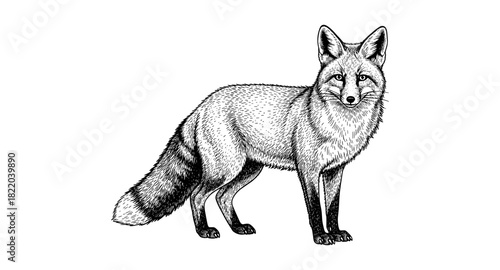 Intricate hand drawn fox with detailed fur texture on white background