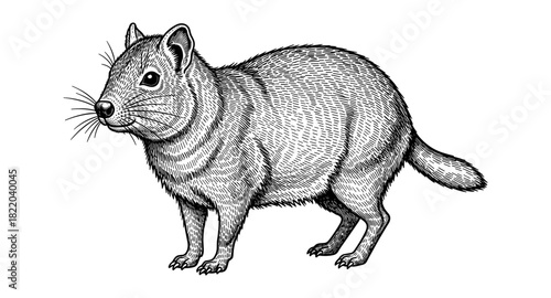 Detailed black and white drawing of a smiling quokka standing on a white background