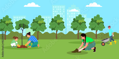 Family Enjoying Gardening in a Green City Park