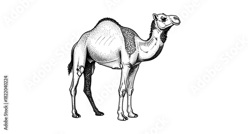 Detailed camel drawing in classic black and white ink style
