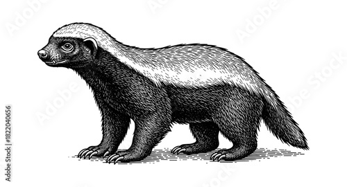 Detailed ink drawing of a honey badger in profile view