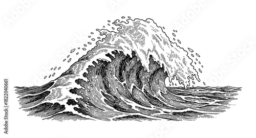 Intricate hand-drawn ocean wave with detailed line art design