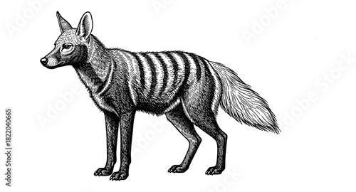 Detailed black and white hand drawn illustration of a striped canine with distinctive fur patterns