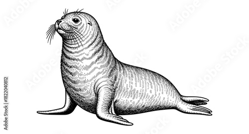 Detailed hand-drawn seal artwork: realistic animal design in black and white