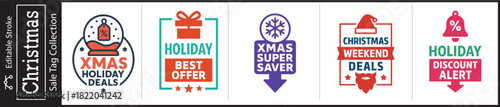 Christmas holiday sale tags collection for festive season promotions, offering weekend deals and discounts to attract holiday shoppers with bright seasonal designs