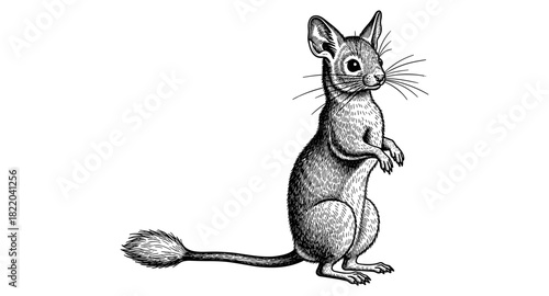 Detailed hand drawn jerboa in black and white art