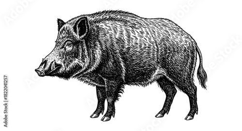 Detailed black and white wild boar engraving on white background