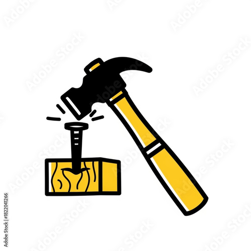 Hammer hitting a nail into wood isolated on white background