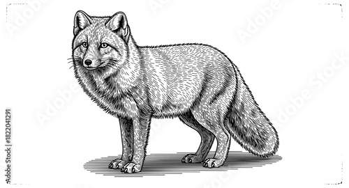 Detailed black and white drawing of an arctic fox in profile view