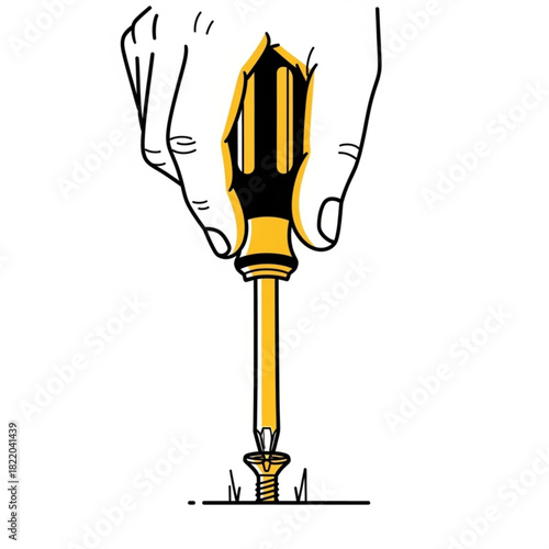 Hand using a screwdriver to turn a screw isolated on white background