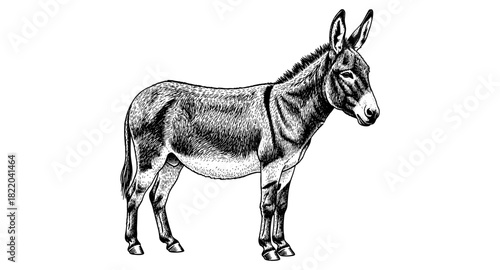 Detailed pen sketch of a donkey in black and white