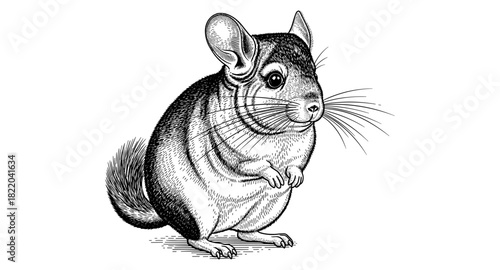 Detailed black and white etching of a chinchilla with intricate fur patterns