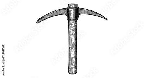 Vintage pickaxe with wooden handle in retro hand drawn style