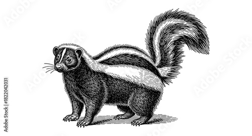 Detailed engraving of a skunk with fluffy tail on white background